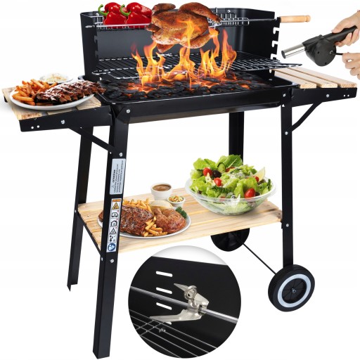 Duży Grill Węglowy Ogrodowy na Kołach 3 Półki Czarny Dmuchawa