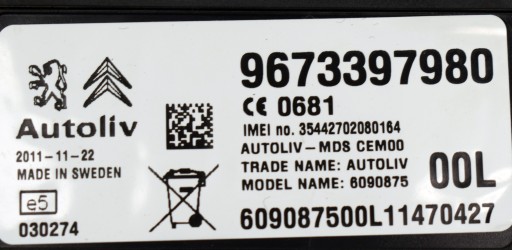 CITROEN C5 III 3 X7 9673397980 MODULO AUTOLIV NG4