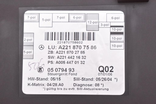 control unit module door left rear part A2218707586 MERCEDES S-KLASA W221 LONG 05-09