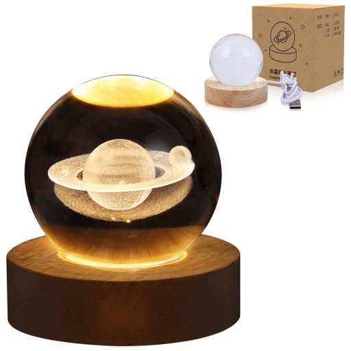 Szklana Kula Lampka Nocna Na Biurko Led Ozdobna Dekoracyjna 3D Saturn