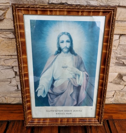 Obraz stary rama drewno Jezus Miłosierny obrazek