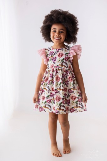 Sukienka dla dziewczynki róże i kolibry z tiulem Lily Grey rozmiar 128