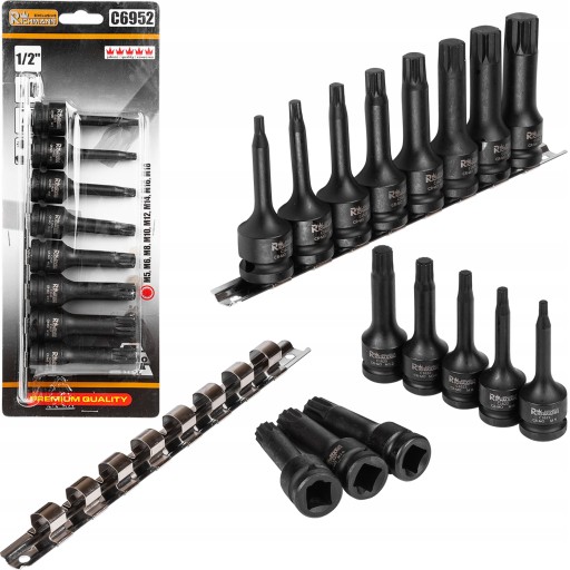 НАБОР ИЗ 8 ЭЛЕМЕНТОВ ШПЛЕНКОВЫХ УДАРНЫХ ГОЛОВОК 1/2 M5-M18 + ПОЛОСКА