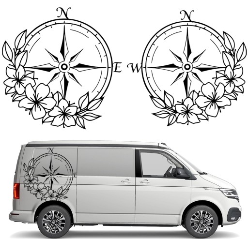 2x НАКЛЕЙКИ Графика для прицепа-домика КОМПАС С РОЗОЙ ВЕТРОВ ЦВЕТЫ 90x92 см