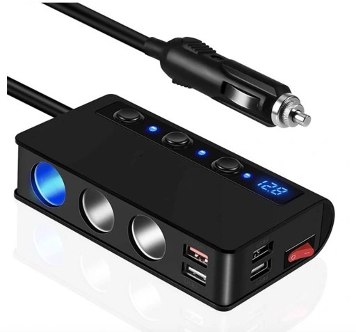Сплиттер | USB-разветвитель 12/24 В|QC USB-A|3 x USB-A|3 x прикуриватель|ЖК-дисплей