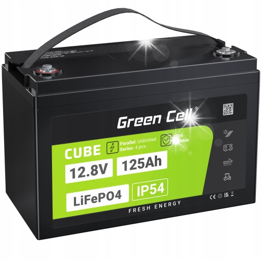 Литиевая батарея lifepo4 12 в 12,8 в 125 ач (150 а) 1,6 квтч зеленая батарея ip54 13,5 кг