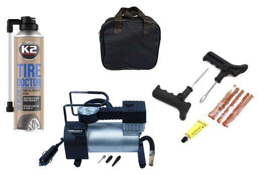 Комплект для спущенного колеса: Компрессор, Распылитель, Веревка.