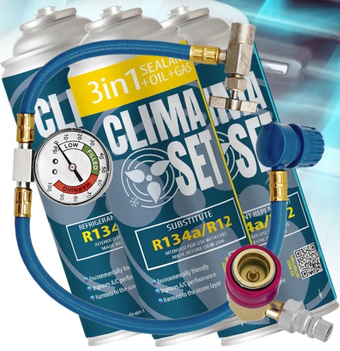 ХОЛОДОГЕНТ CLIMASET 3IN1 + 4X GAS R134A ДЛЯ КОНДИЦІОНЕРУ З КАБЕЛЕМ ТА АДАПТЕРОМ