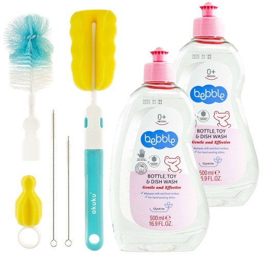 Щітка для миття пляшок Akuku 5 шт + 2× рідина для чищення пляшок та іграшок Bebble 500 мл