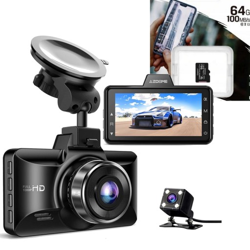 ВИДЕОЗАПИСЫВАТЕЛЬ + ЗАДНЯЯ КАМЕРА УГОЛ 150* AZDOME NIGHT G-SENSOR КАРТА 64 ГБ