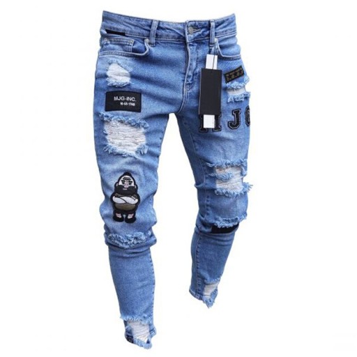 Dżinsy męskie Haftowane jeansy z 2 dziurami, wąski 10044798235 Odzież Męska Jeansy LT DMJBLT-1
