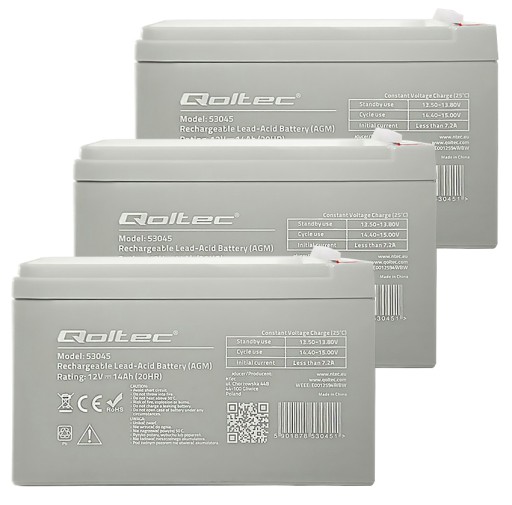 3 аккумулятора agm qoltec longlife 12 в/24 в/36 в, 14 ач, ибп для игрушечных машинок, велосипедов