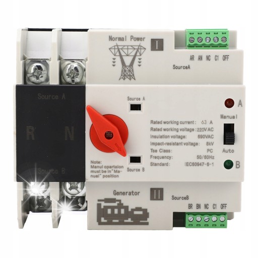 Автоматический двойной выключатель питания 2p 63a 220v