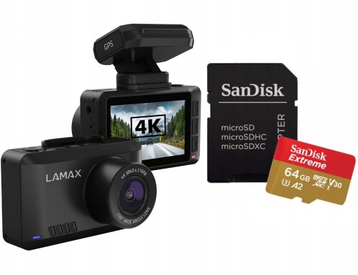 LAMAX T10 ВІДЕОРЕГІСТРАТОР 4K АВТОМОБІЛЬНА КАМЕРА GPS WI-FI + КАРТА 64 ГБ