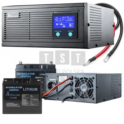 Комплект Extralink Piorun 1200 ВА/1000 Вт, инвертор + 2x Extralink LiFePO4 12,8 В