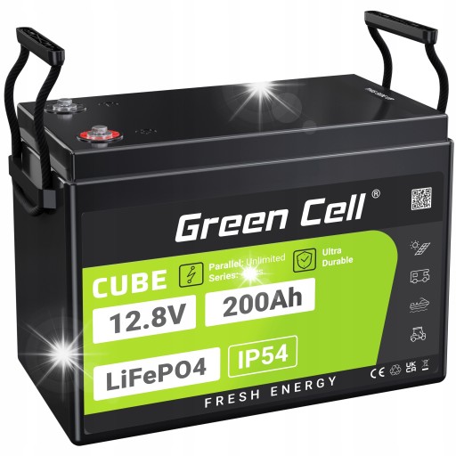 Lifepo4 літієва батарея 12v 12.8v 200ah (200a) 2.56kwh green cell ip54 21kg