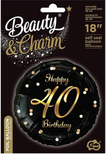 Balon foliowy Happy 40 Birthday czarno-złoty 45cm