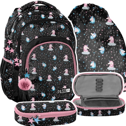 Рюкзак шкільний багатокамерний Paso чорний, Відтінки фіолетового, Відтінки синього, Відтінки рожевого, Відтінки сірого та сріблястого, Різнокольоровий