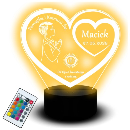 Statuetka Lampka Led Pamiątka Komunii Świętej Serce dla Chłopca Grawer Imię