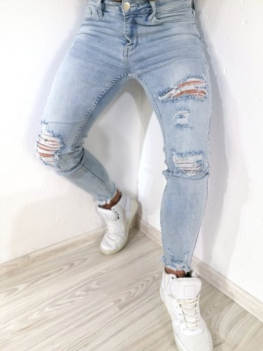 Spodnie męskie jeans jasne dziury przetarcia 30 11848450399 - Allegro.pl