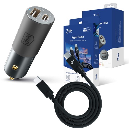 Автомобильное зарядное устройство 3mk 100W + кабель USB-C 4K 1m