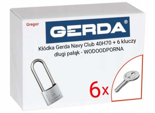 .6 Kľúče. Visiaci zámok Gerda Navy Club 40H70 + 6 kľúčov VODOTESNÁ chrómová
