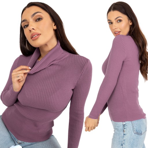 priliehavý dámsky sveter s rolákom s prúžkami fialový one-size