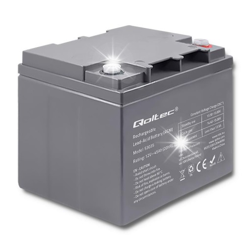 Аккумулятор agm qoltec longlife 12 в 45 ач для лодок на солнечных батареях для инвалидных колясок