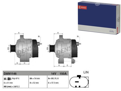 DENDAN1146/RS5 - Генератор denso (14в, 150а) alfa romeo giulia, gi