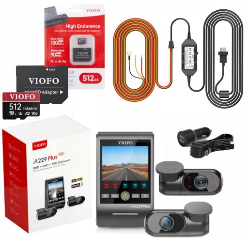 VIOFO A229 PLUS 3-канальный видеорегистратор 2K ПЕРЕДНЯЯ ЗАДНЯЯ ВНУТРЕННЯЯ FHD GPS BT + 512 ГБ ACC