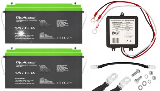 2 гелевых аккумулятора qoltec longlife 12 в/24 в, 150 ач, солнечные батареи + балансир