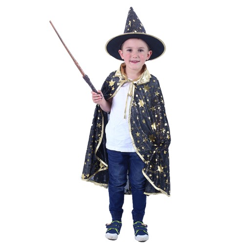 Detský plášť čierny s klobúkom čarodejnice/Halloween