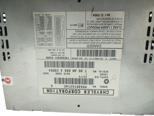 RADIO CD Fabrique DODGE CALIBER CHRYSLER 300C P05091521AC