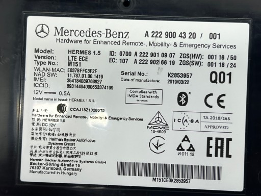 module control unit TELEMATIC A2229004320 MERCEDES W205 W213 W222 W238 CLS W257