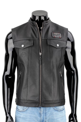 Pánska kožená vesta na motorku čierna s nášivkami DORJAN DUC950N S