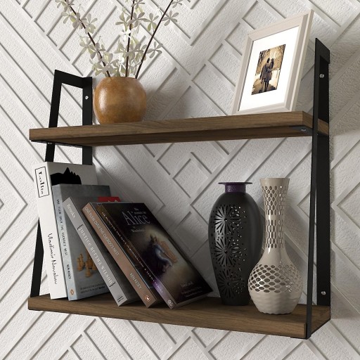Półka Ścienna Wisząca Stella 2 Półki Orzech Czarny Metal Loft 40x45cm