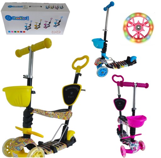 ТРИКОЛЕСНИЙ СКУТЕР З СИДІННЯМ 5 В 1 СВІТОДІОДНІ КОЛЕСА