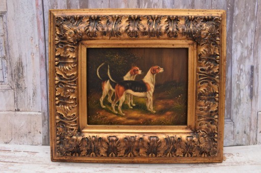 Poľovné psy - Beagle - Pes - Olejomaľba - Zlatý rám 42x37