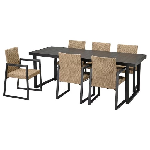 IKEA VARMANSO Stôl a 6 stoličiek tmavosivá/hnedá, 224 cm
