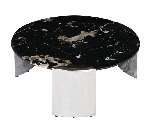 Stolik Kawowy Okrągły Kamień Naturalny Ø90 x 35cm Marmur Czarny Nogi Inox