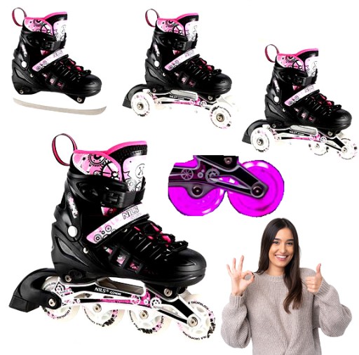 Роликові ковзани 4в1 Nils Extreme NH10905 чорно-рожеві р. 39-42