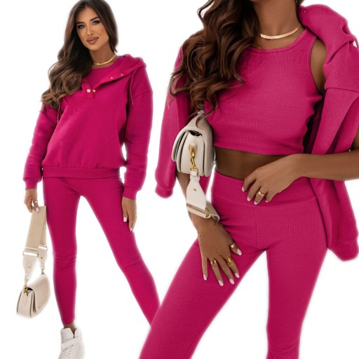 Dámske tepláky komplety 3 diely mikina s kapucňou top legíny fuchsia L/XL