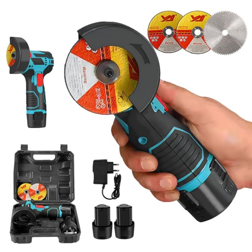 АККУМУЛЯТОРНАЯ УГЛОВАЯ ШЛИФОВАЛЬНАЯ МАШИНА 18500 ОБ/МИН, НАБОР 3 ДИСКОВ, 2 АККУМУЛЯТОРА