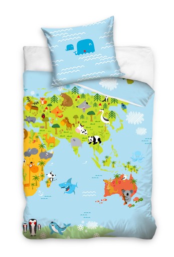 Pościel bawełniana dziecięca Mapa 160x200 cm zwierzęta Geografia Świat