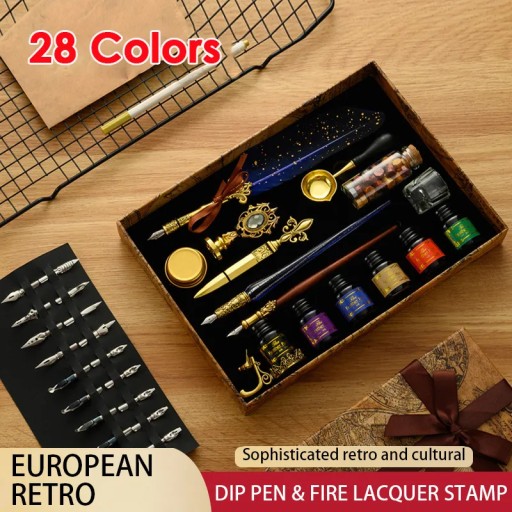 1set Wax Seal Stamp Kit Quill Pen Ink Set Feather Dip Pen Vintage