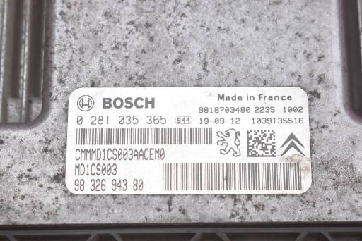 unité de commande électronique uce moteur 9832694380 0281035365 PEUGEOT PARTNER III 1.5 B-HDI 102KM