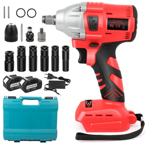 АККУМУЛЯТОРНЫЙ БЕСЩЕТОЧНЫЙ УДАРНЫЙ КЛЮЧ ДЛЯ КОЛЕС 18 В 1/2 ДЮЙМА, 2 ГОЛОВКИ БАКУ