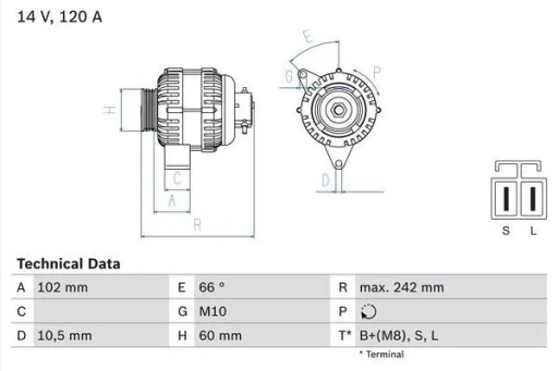 Генератор 120a 0 986 049 550 bosch hyundai