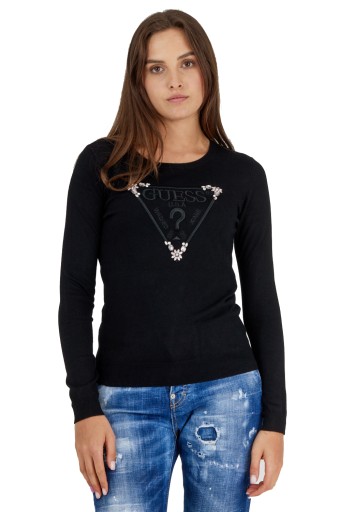 GUESS Czarny sweterek damski z wyszywanym logo M
