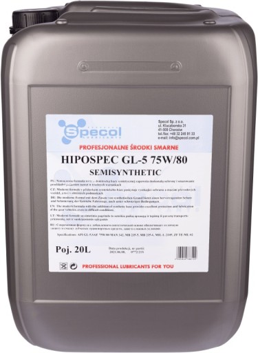 SPECOL OIL 75W80 20л GL4/GL5 HIPOSPEC ПОЛУСИНТЕТИЧЕСКОЕ. / ШЕСТЕРНЯ 75W80 GL5 2